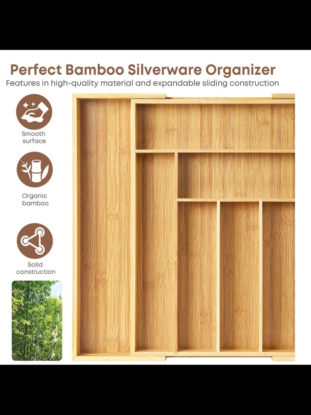 Bamboo Silverware Organizer - Natural Bamboo Expandable Utensil Tray New